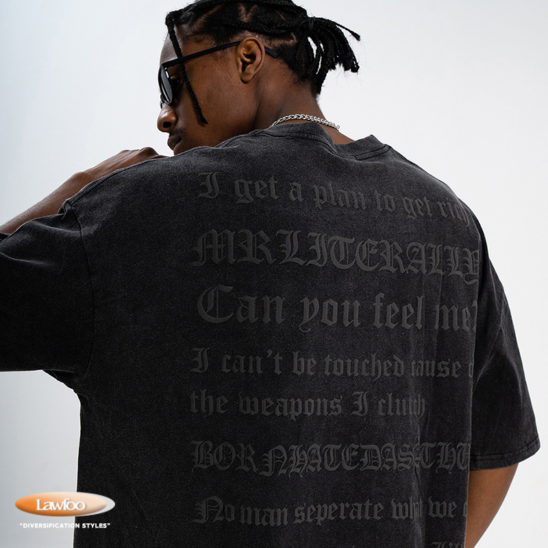 LawFoo Original Summer New Men's Fashion Brand Washed Gothic Letter Foam Print Short Sleeve T-Shirt for Men