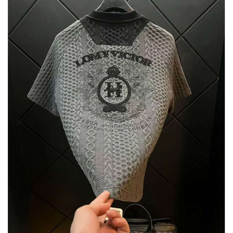 Men's Summer New Textured Knit T Shirt With Embroidery Crew Neck Short Sleeve Top Lightweight Breathable Casual Versatile Daily Wear Comfortable 