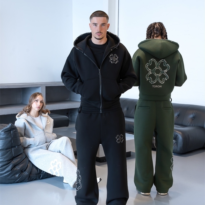 Mens Y2K Oversized Streetwear Tracksuit Set, Acrylic Zip-Up Hoodie with Four-Leaf Clover Graphic, Multi-Color Green and Grey Two-Piece Clover Zip Hood - view 3
