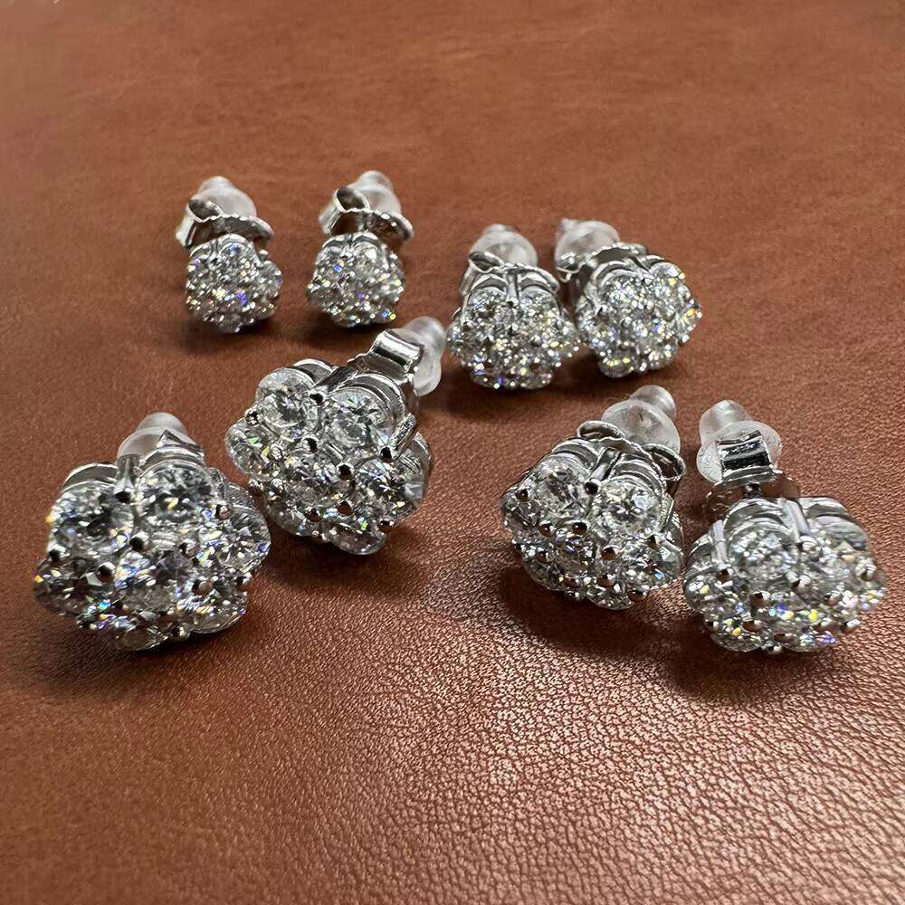 14K White Gold Plated 925 Sterling Silver Women Men Iced Out Round Flower Cluster Hypoallergenic Hip Hop Moissanite Stud Earring - view 7