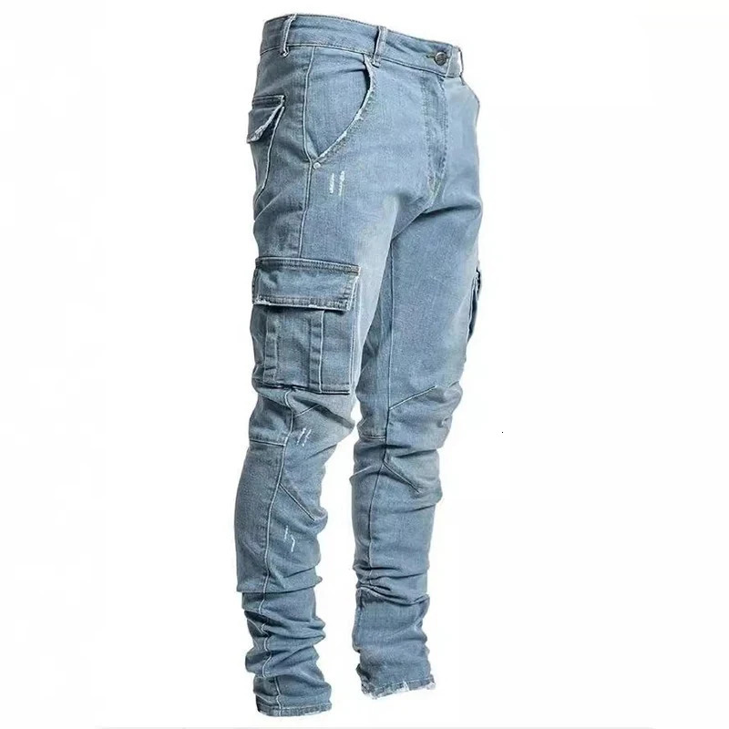 Men Street Elastic Denim Jeans Wash Solid Color Multi Pockets Cargo Pants Casual Slim Fit Daily Wear Joggers Mid Waist Trousers 260422