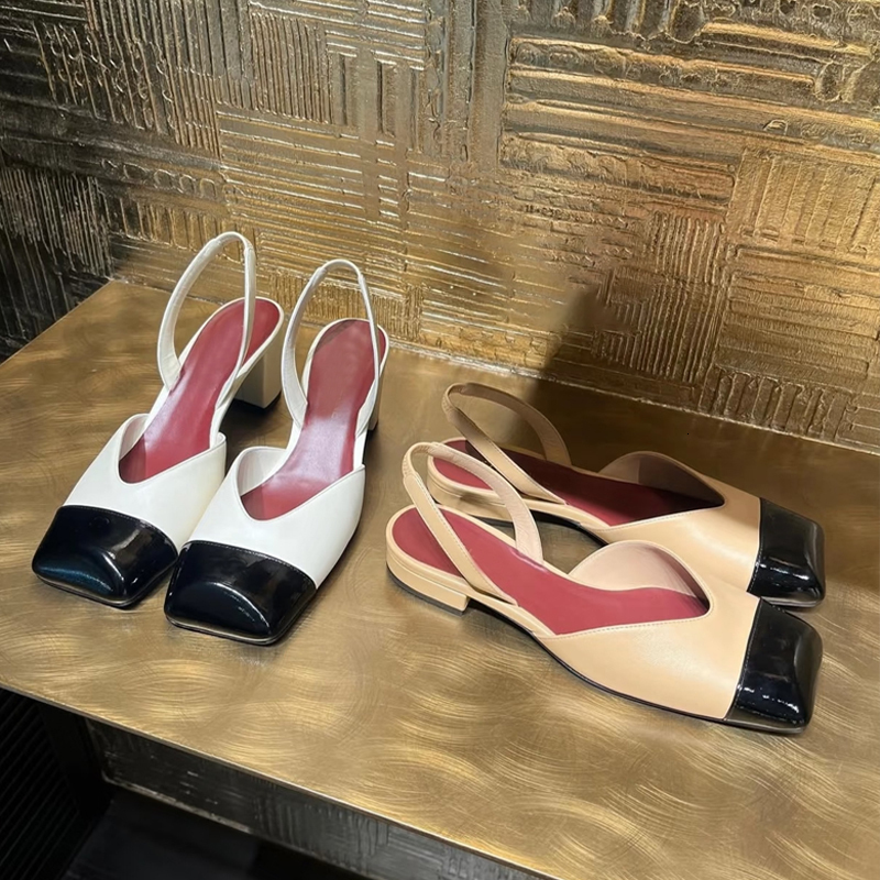 designer sandals slingback flats women Dress Shoes Two tone Slingbacks Block Heel Pumps leather party shoes 994