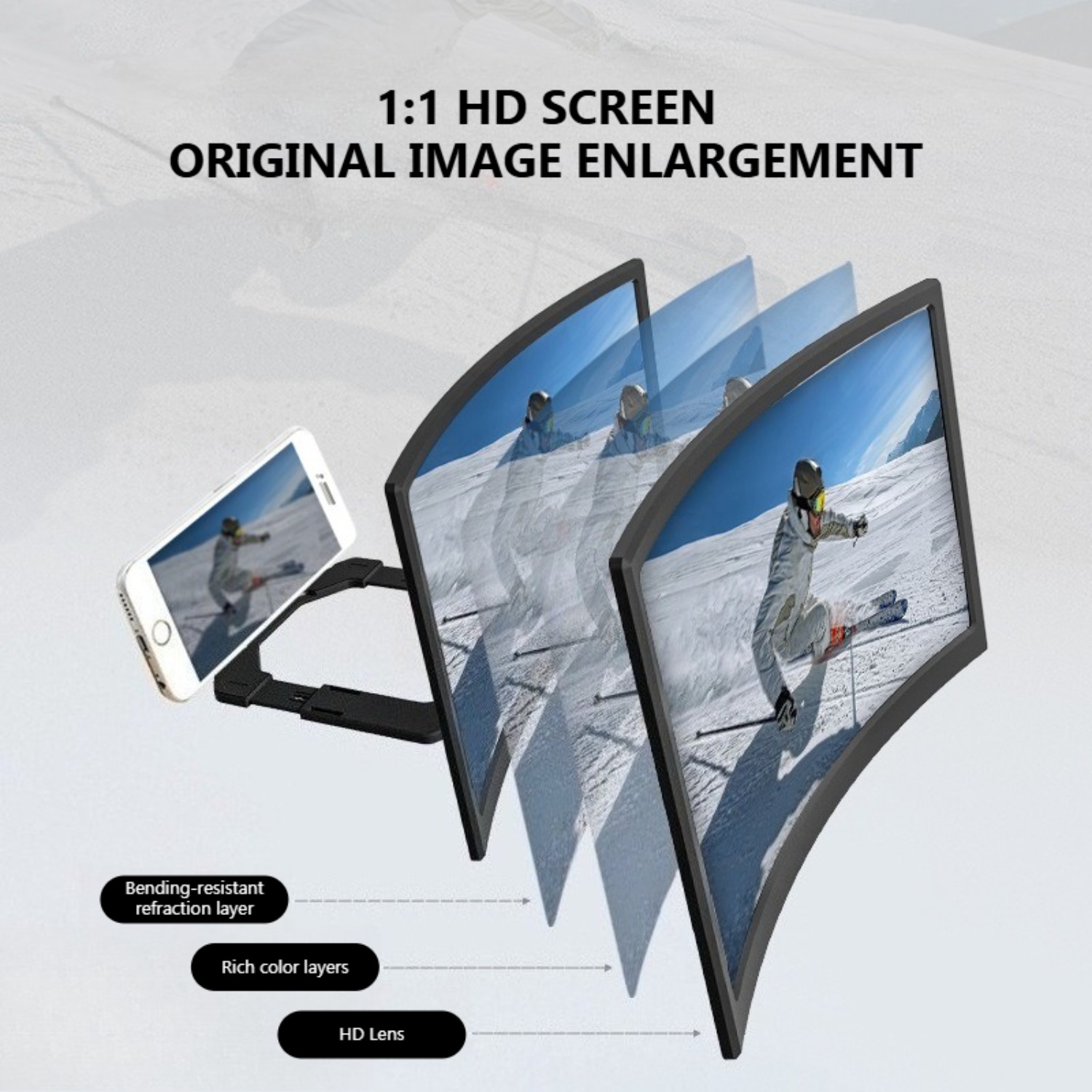 Curved Screen Magnifier for Smartphone, 3D HD Movie Projector with Anti-Blue Light Eye Protection, Foldable Desktop Stand for iPhone/Samsung