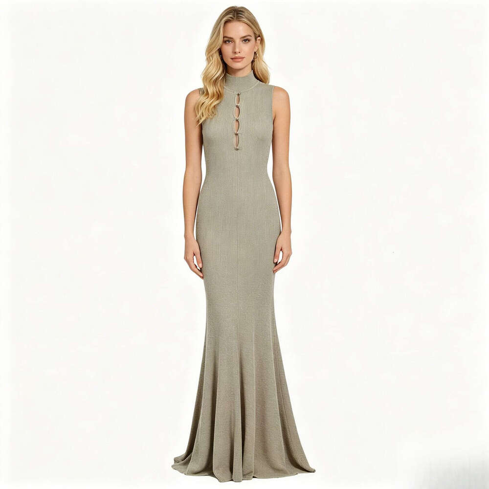 2026 French summer FC k30 new designer fashionable gold elegant hollow out single breasted high neck sleeveless knitted dress