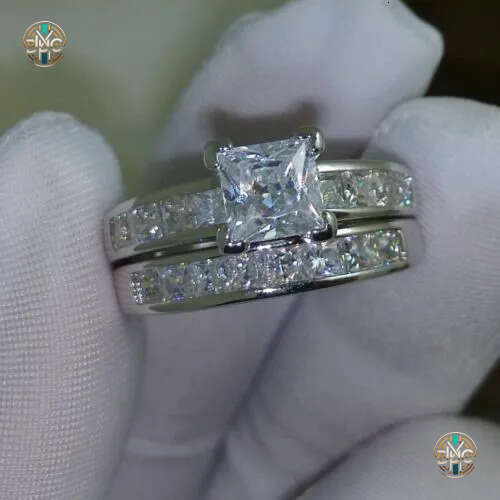Luxury Size 5/6/7/8/9/10 Jewelry 10kt white gold filled Topaz Princess cut simulated Diamond Wedding Ring set gift with box