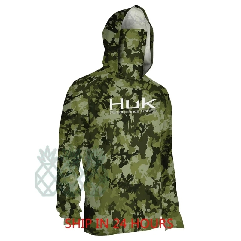 HUK Fishing Clothing Camouflage Mens Long Sleeve Mask Hooded Fishing Shirts Upf 50 Uv Protection Performance Fishing Apparel 260422