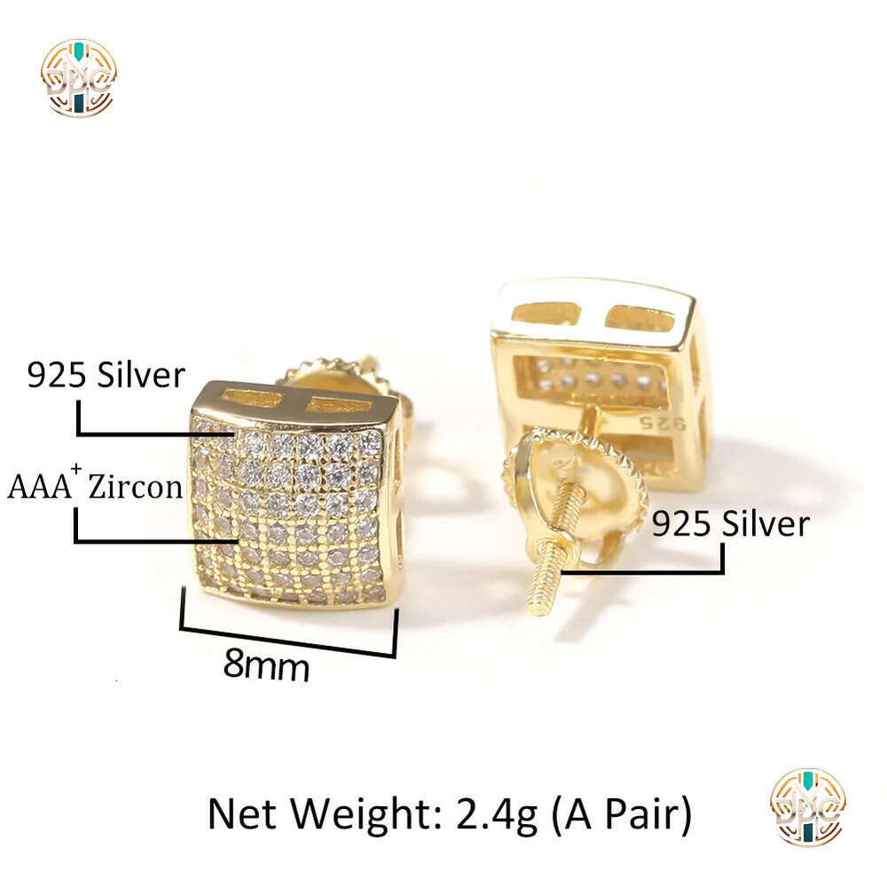 Mens Hip Hop Stud Jewelry Fashion Gold Square Simulated Diamond 925 Silver Earrings 8mm