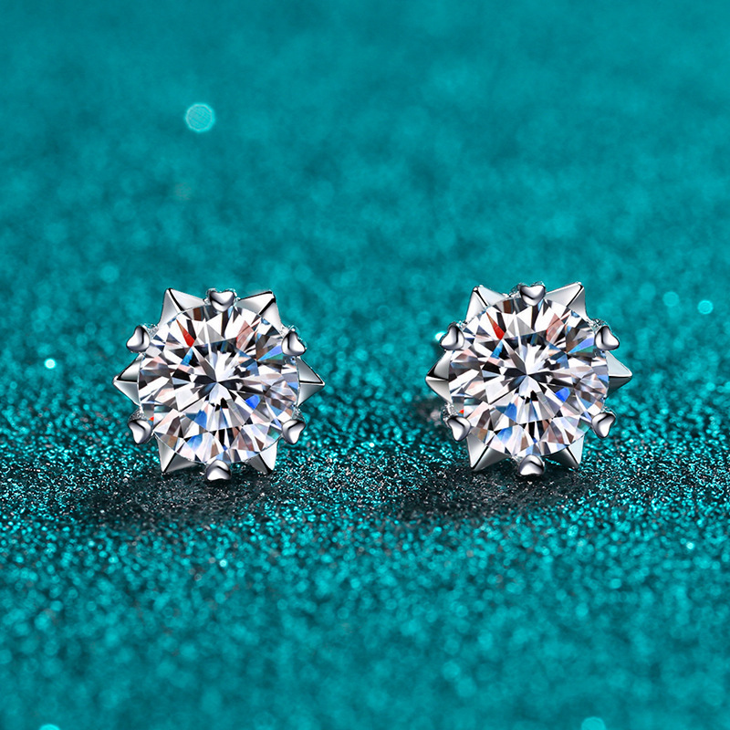 Moissanite Stud Earrings 925 Sterling Silver Snowflake Design Perfect Cut Hypoallergenic Unisex