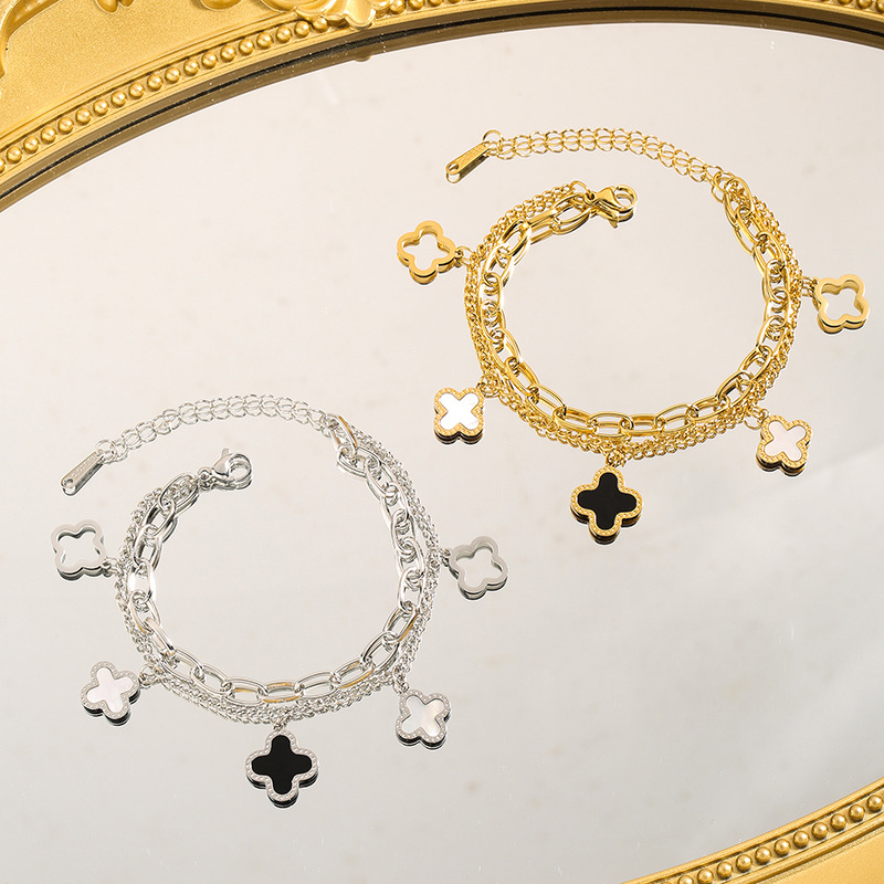 Ladies Luxury Designer Four Leaf Clover Double Layer Bracelet 18K Gold Silver Plated Agate Diamond Fashion Charm Chain Wedding Party Original Gift