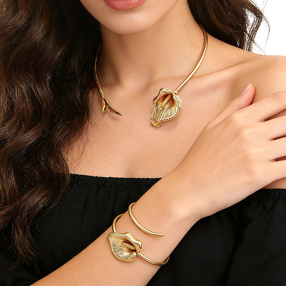 Gold-Tone Calla Lily Jewelry Set - Open Cuff Choker Adjustable Ring Bracelet - Floral Botanical Statement Accessory for Women 260421 - view 5