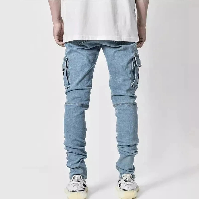 Men Street Elastic Denim Jeans Wash Solid Color Multi Pockets Cargo Pants Casual Slim Fit Daily Wear Joggers Mid Waist Trousers 260422