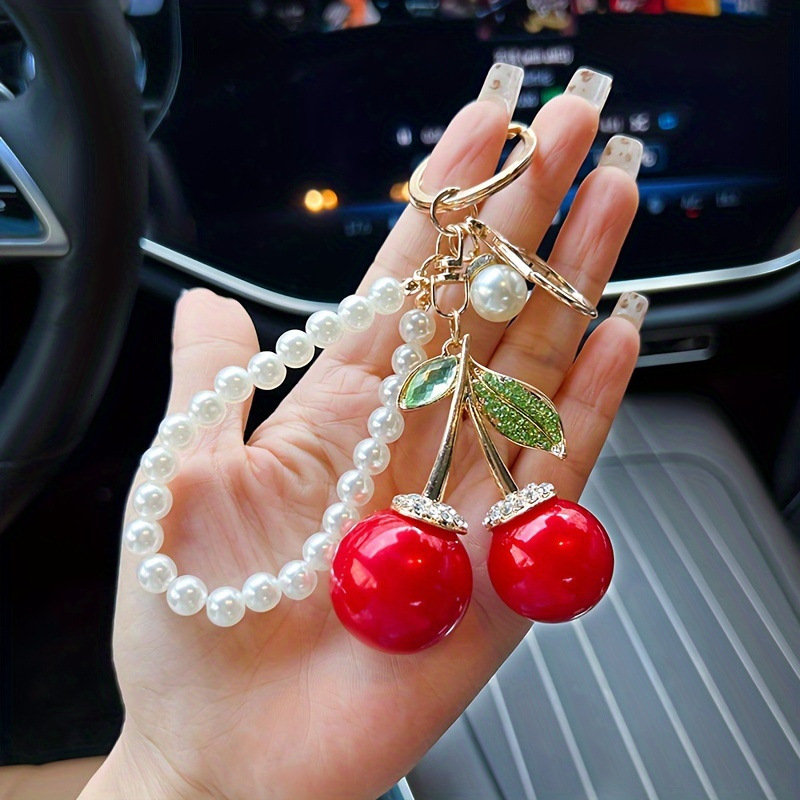 Style Pearl Jewelry Cherry Metal Keychain Car Bag Pendant Women's Bag Keychain Exquisite