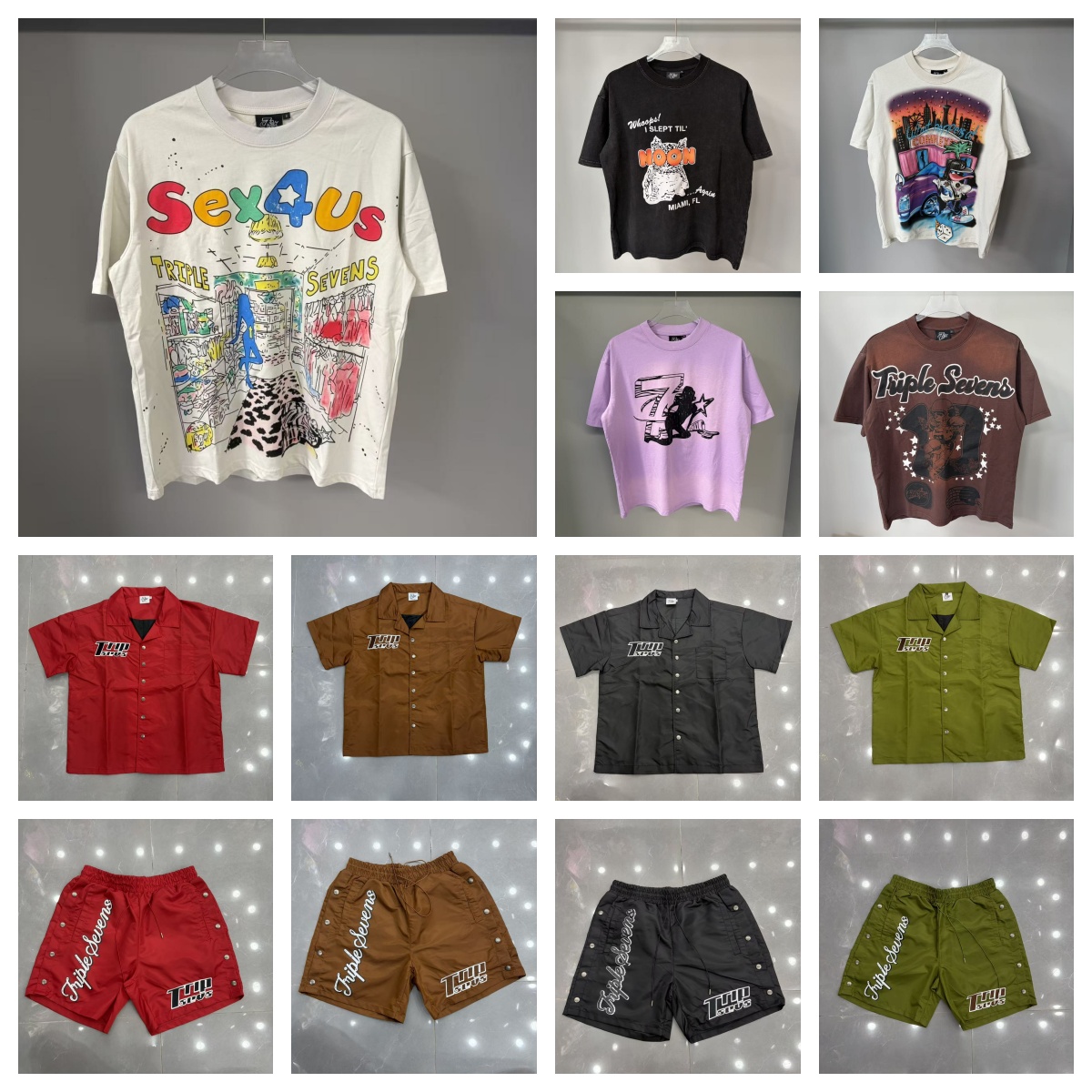 Men's T Shirts 2026 Summer TRIPLE SEVENS T-Shirt American White Ink Diamond Print Cartoon Tee Men Women Round Neck Casual Shorts Sleeve TRIPLE SEVENS sets