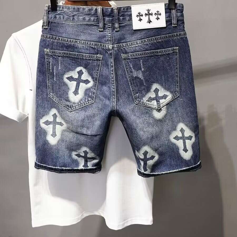 Luxury Brand Designer Clothes European And American Heavy-Duty Vintage Washed Ripped Patched Denim For Men, Summer Loose Straight-Leg Casual Shorts