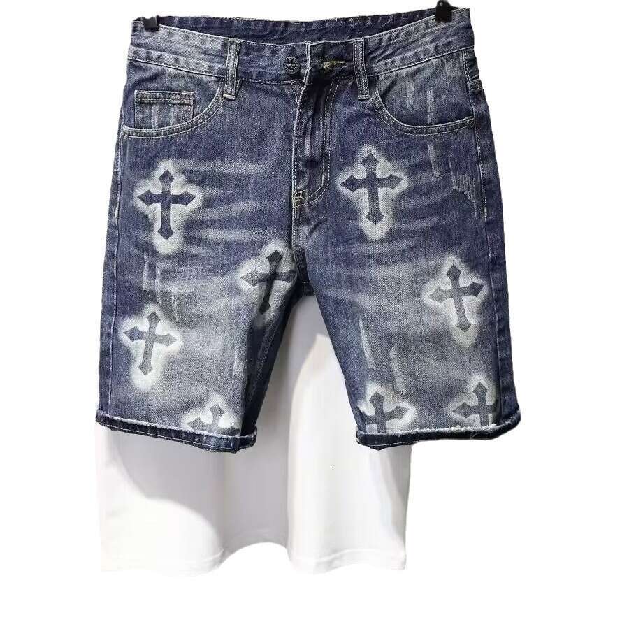 Luxury Brand Designer Clothes European And American Heavy-Duty Vintage Washed Ripped Patched Denim For Men, Summer Loose Straight-Leg Casual Shorts