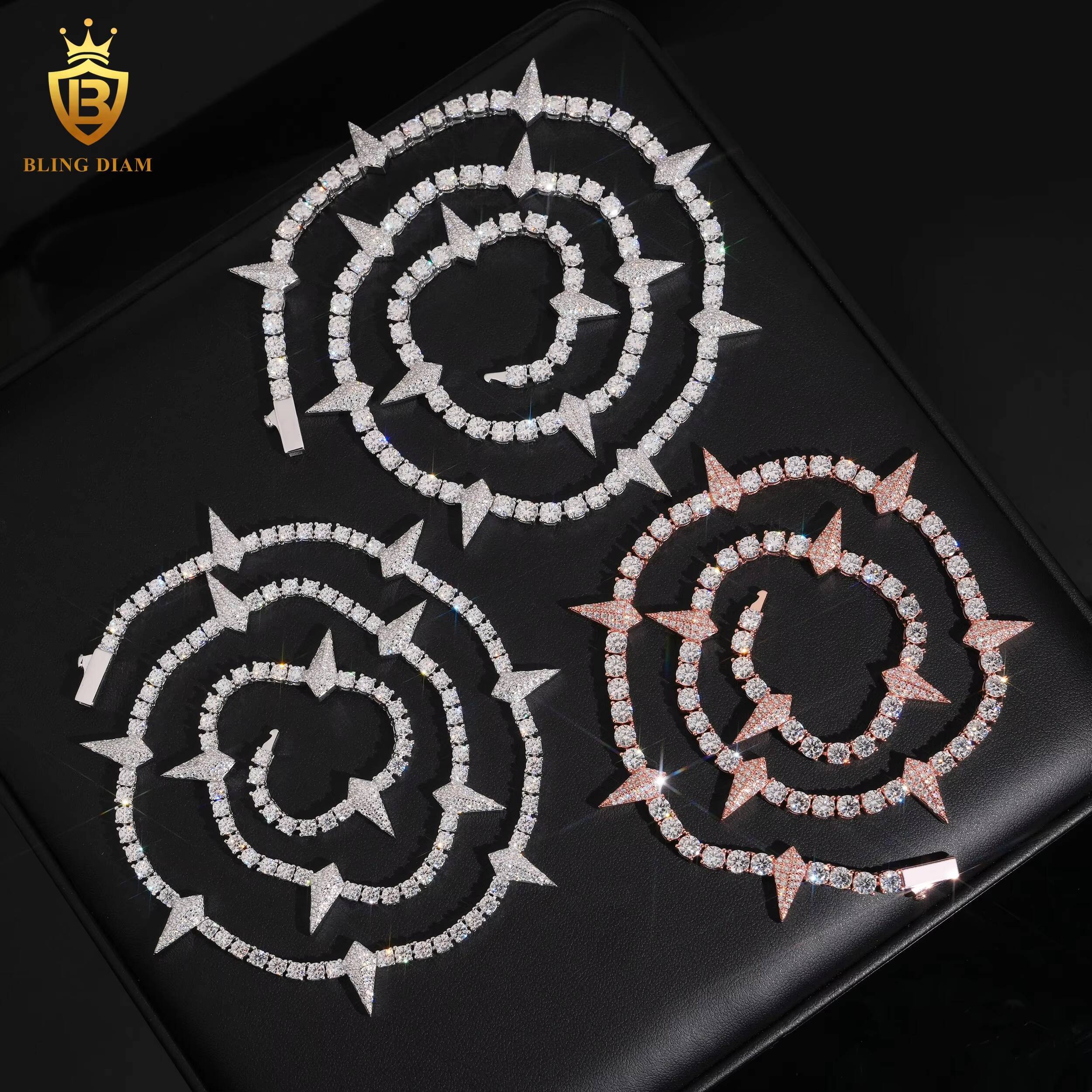 New 4mm Tennis Chain Necklace with Thorns 925 Sterling Silver Chain Round Brilliant VVS Moissanite Fine Jewelry Necklaces Women