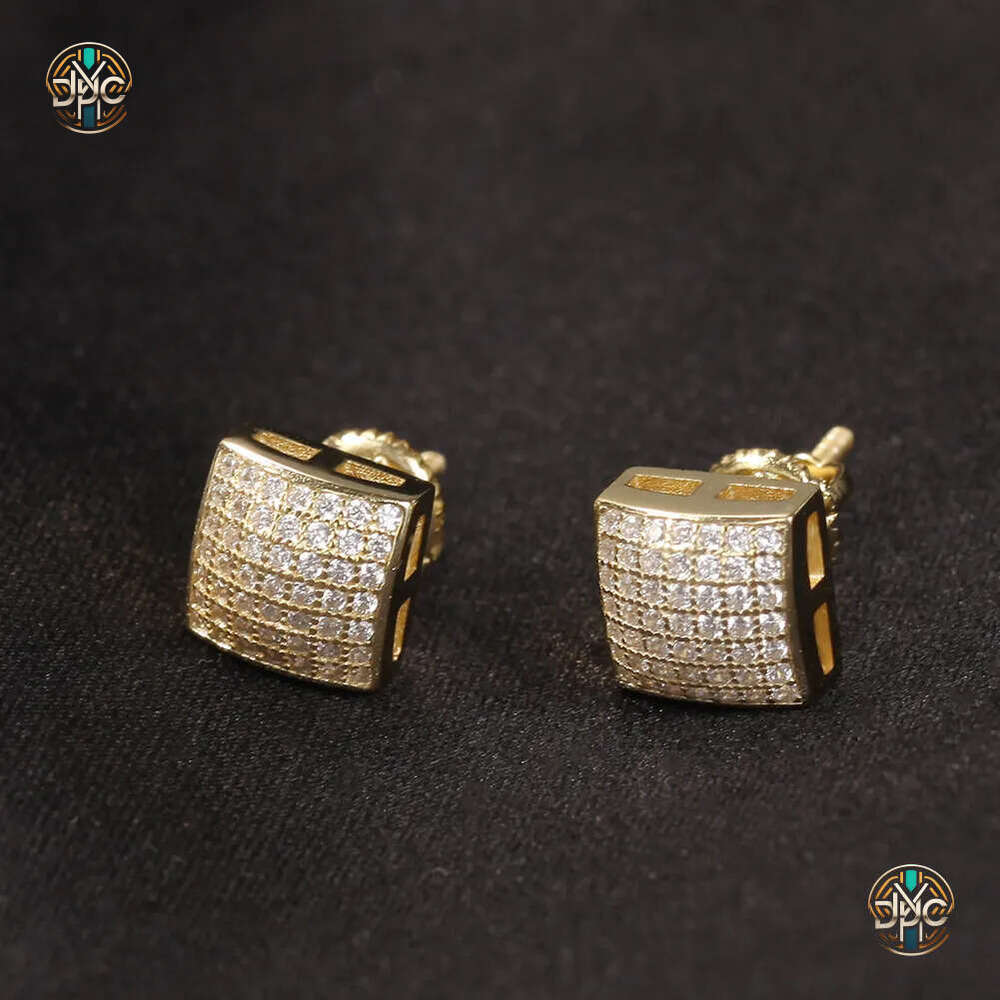 Mens Hip Hop Stud Jewelry Fashion Gold Square Simulated Diamond 925 Silver Earrings 8mm