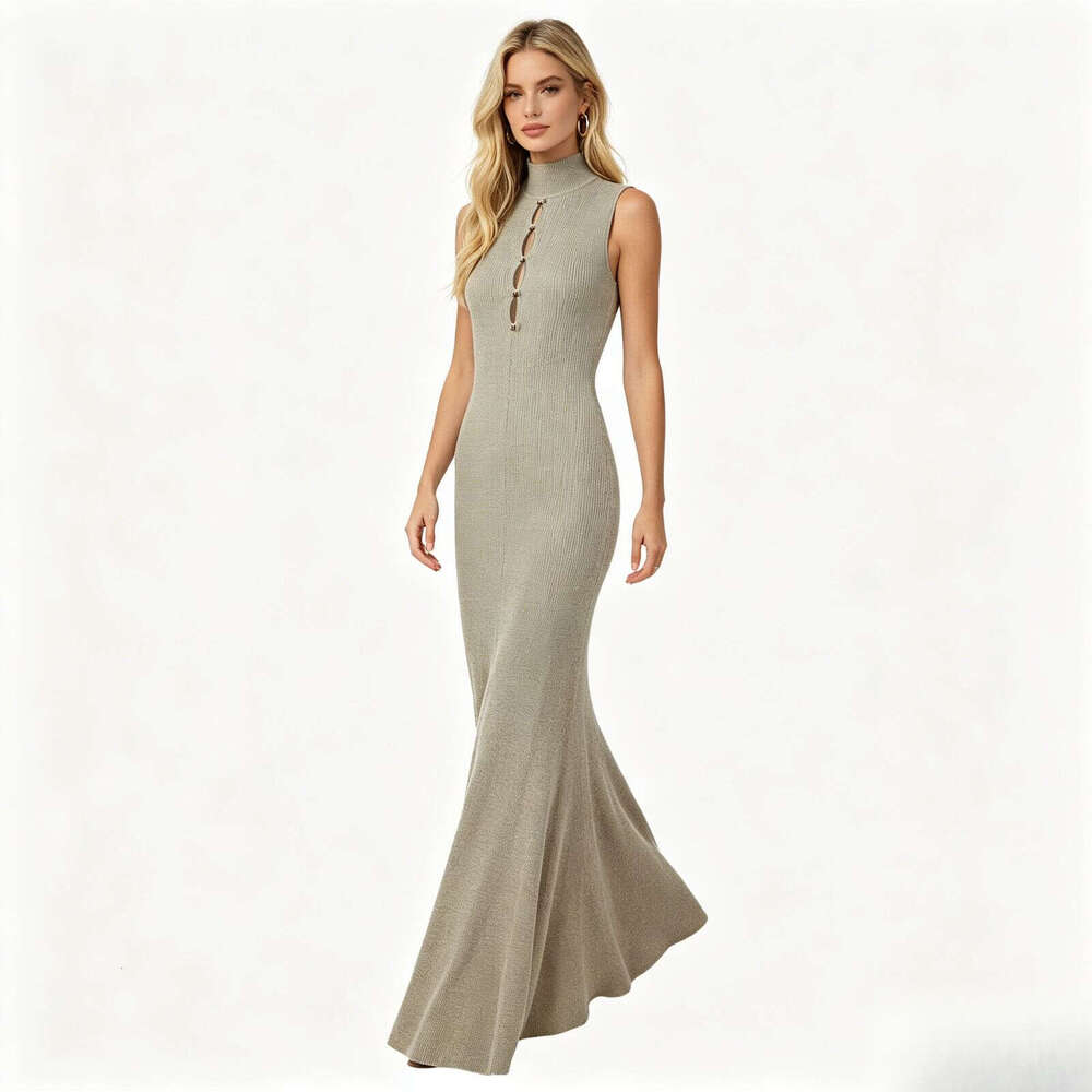 2026 French summer FC k30 new designer fashionable gold elegant hollow out single breasted high neck sleeveless knitted dress