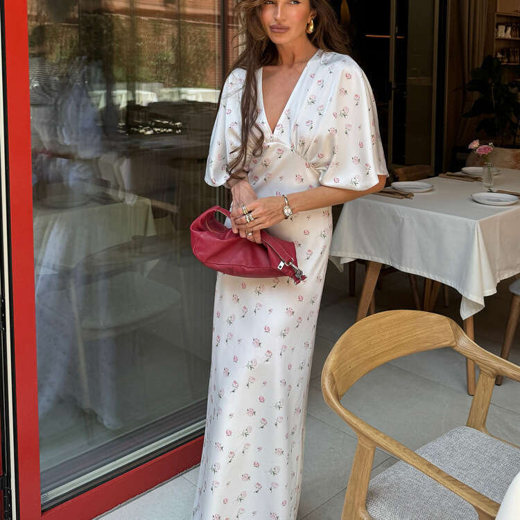 European American Women V Neck Bodycon Dress, Spring Summer New Printed Long Dress, High Waist Short Sleeve, Elegant Casual Streetwear Sundress MAKOUF