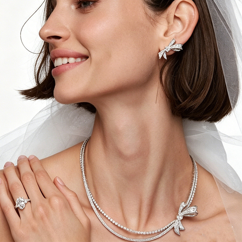 Bride's diamond-encrusted bow necklace and earrings set, ultra-shiny rhinestone two-piece dress accessory jewelry set - view 6