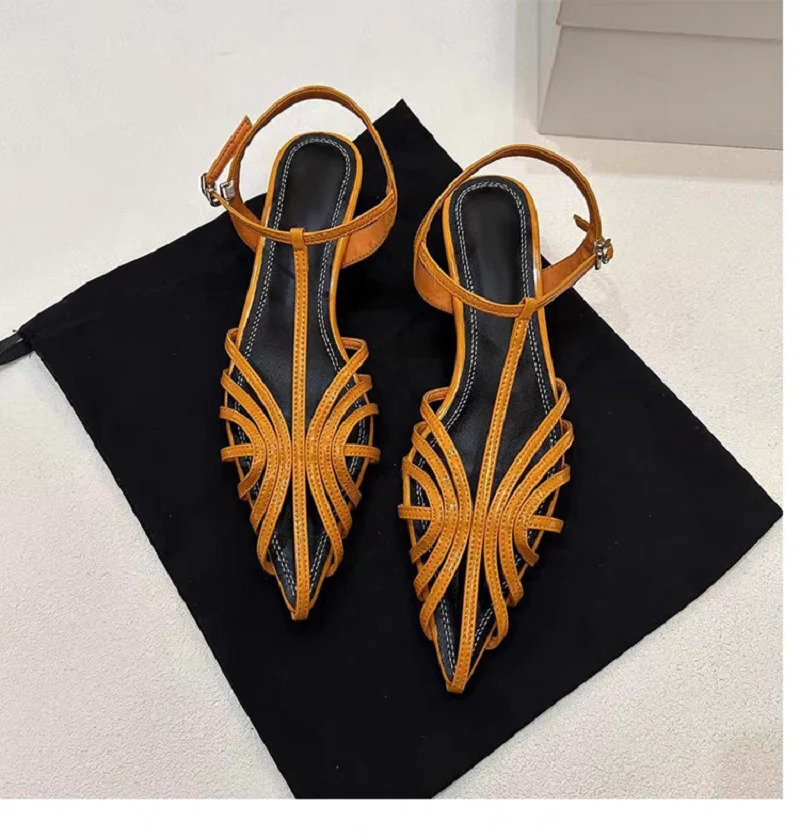 Women Shoes Narrow Band Summer Sexy Sandals ner Sandals Kitten Heels Pointed Toe Ladies Simple Footwear Orange Shoes Size43 260424
