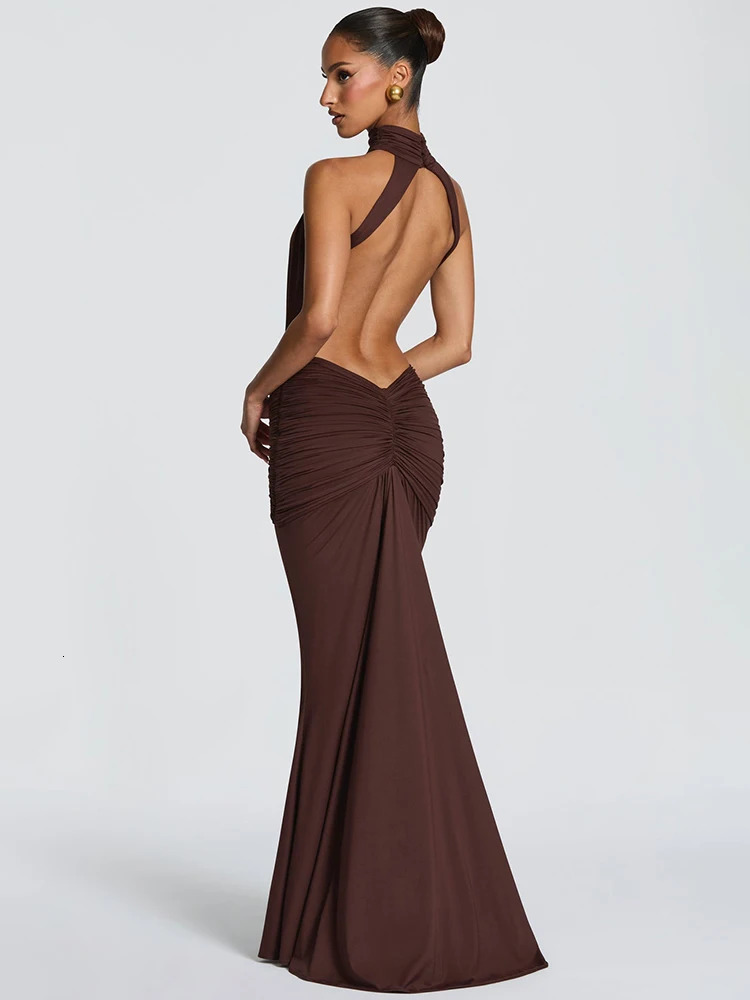 Mozision Turtleneck Backless Sexy Maxi Dress Women Gown Elegant Off-shoulder Sleeveless Ruched Bodycon Club Party Long Dress 260423