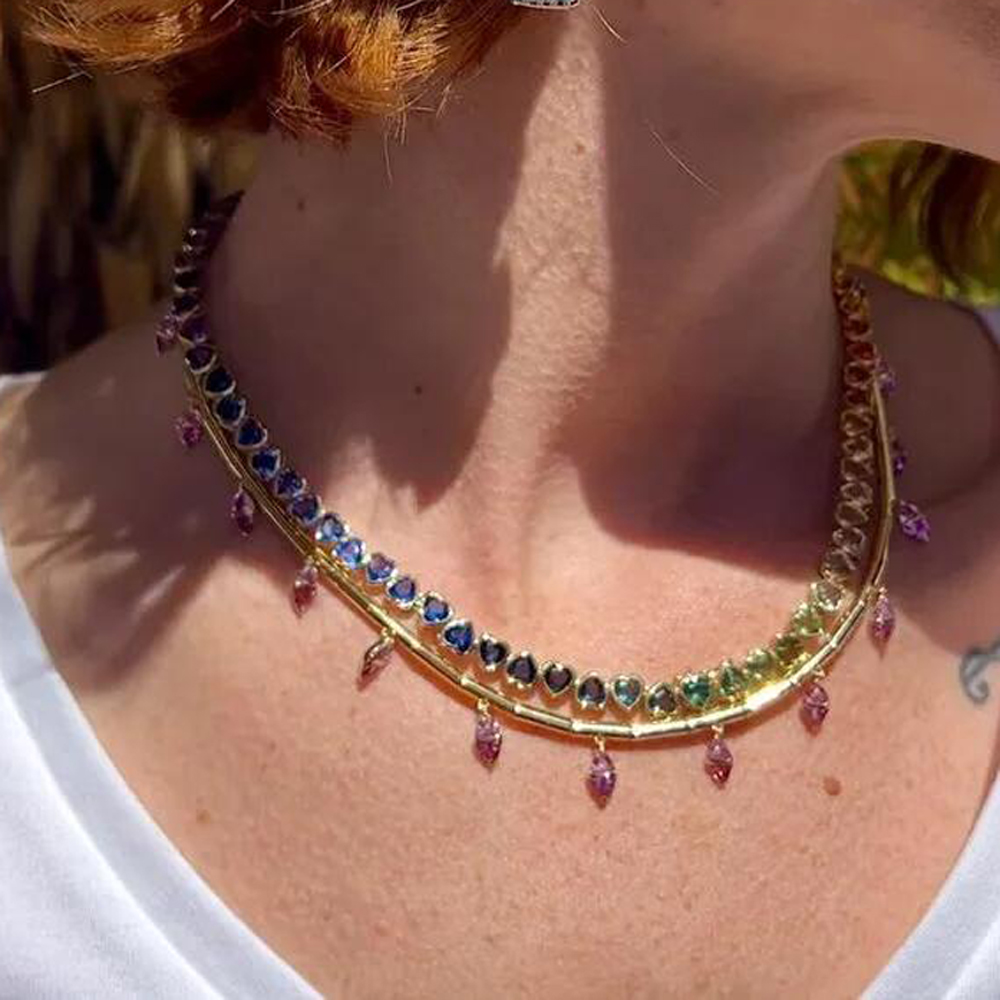 2026 New Gold Color Bezel Heart Shaped CZ Tennis Chain Bracelet Necklace Ring Gradual Rainbow Colorful Jewelry Set for Women - view 5