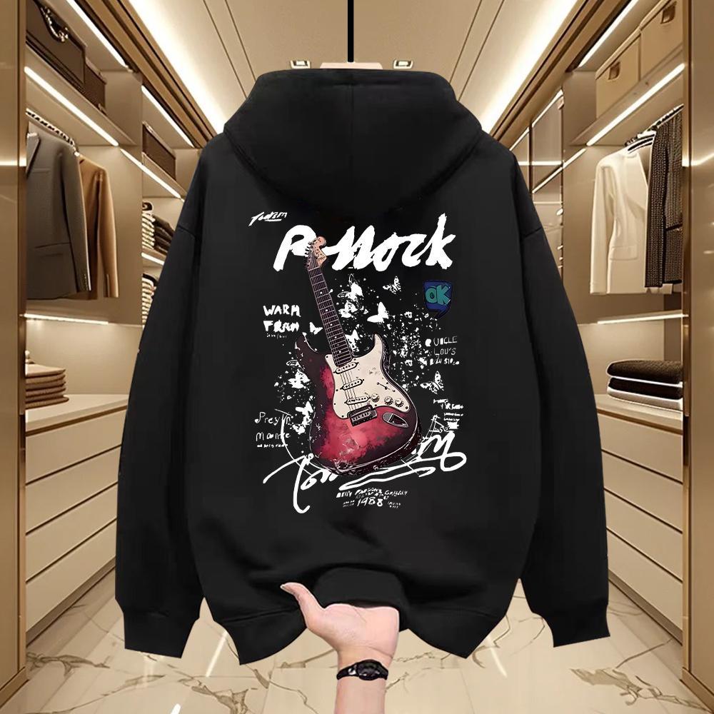 Men's American Streetwear Heavyweight Cotton Hoodie, Autumn Winter Printed Design, Fleece Lined, Thickened, Loose Fit, Casual Trendy Hooded Outer