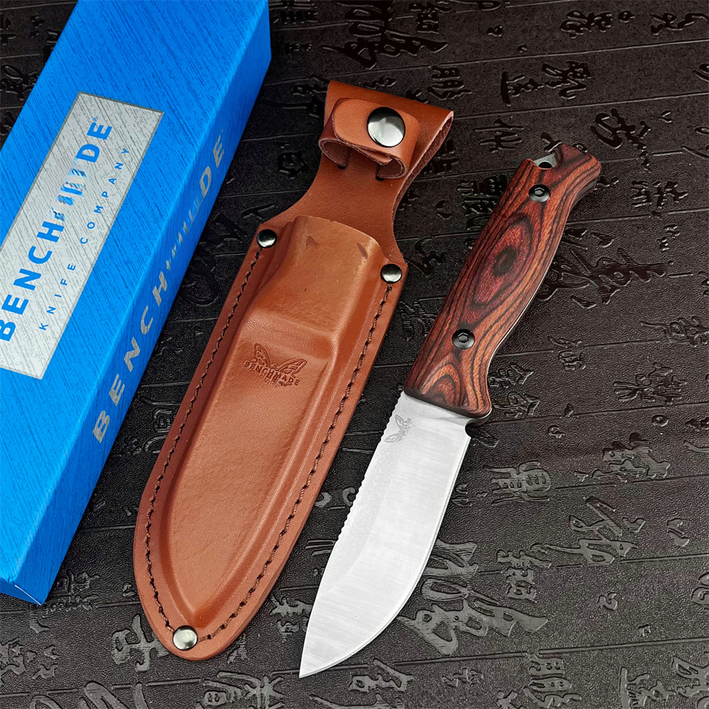 BM 15002 Survival Hunting Knife 9Cr13Mov Steel Fixed Blade with Wooden Handle Outdoor Camping Tool and Sheath EDC Equipment