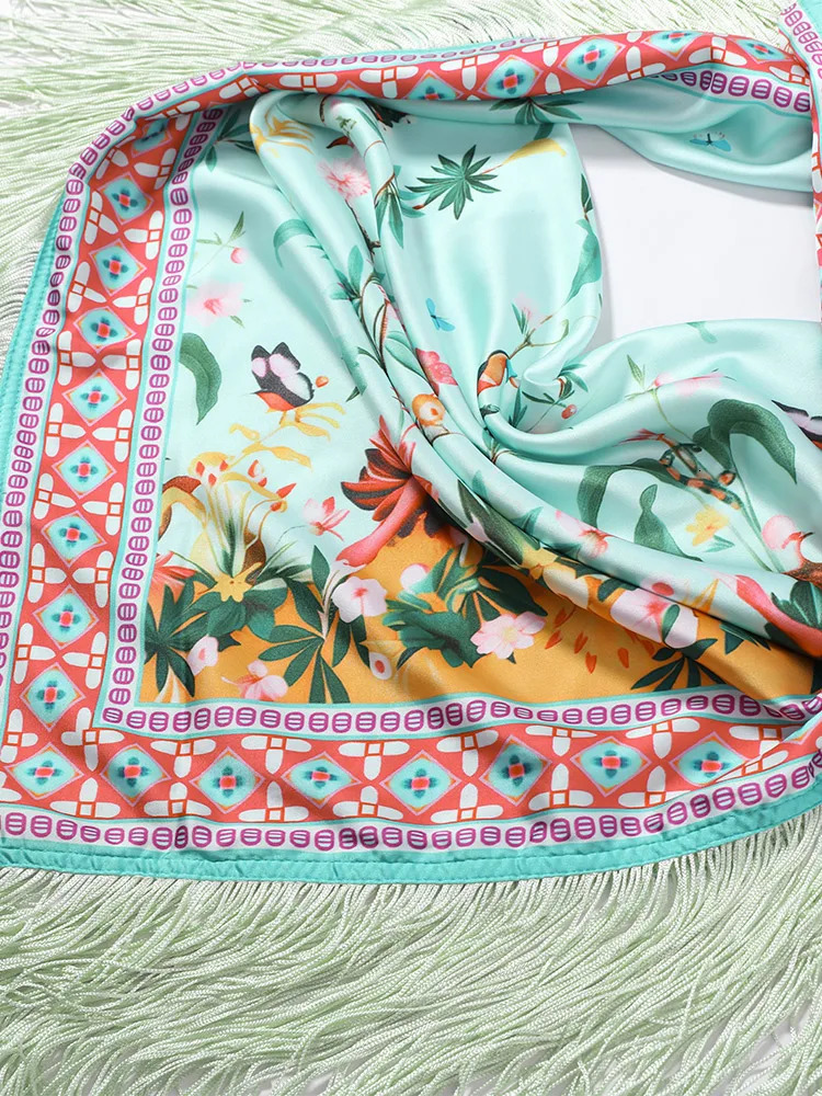 Vintage Womens Square Scarf Satin With Tassel Female Print Scarfs 2026 Spring Summer Holiday Vacation Fashion Lady Accessory 260423