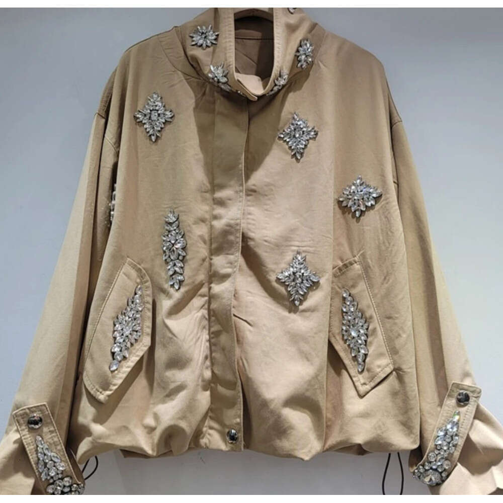 Khaki Spliced Diamonds Jacket Female Stand Collar Long Sleeve Loose Streetwear Casual Women's Jackets Autumn Fashion New