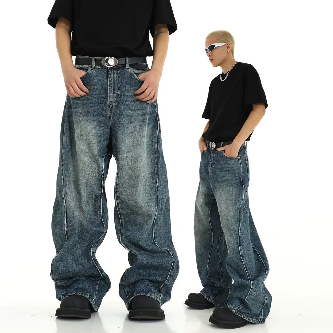 2026 Trending Men's Washed Blue Wide-Leg Loose Jeans, Niche Curved Design & Paneled, Streetwear Brand, Cross-Border Hot Pick