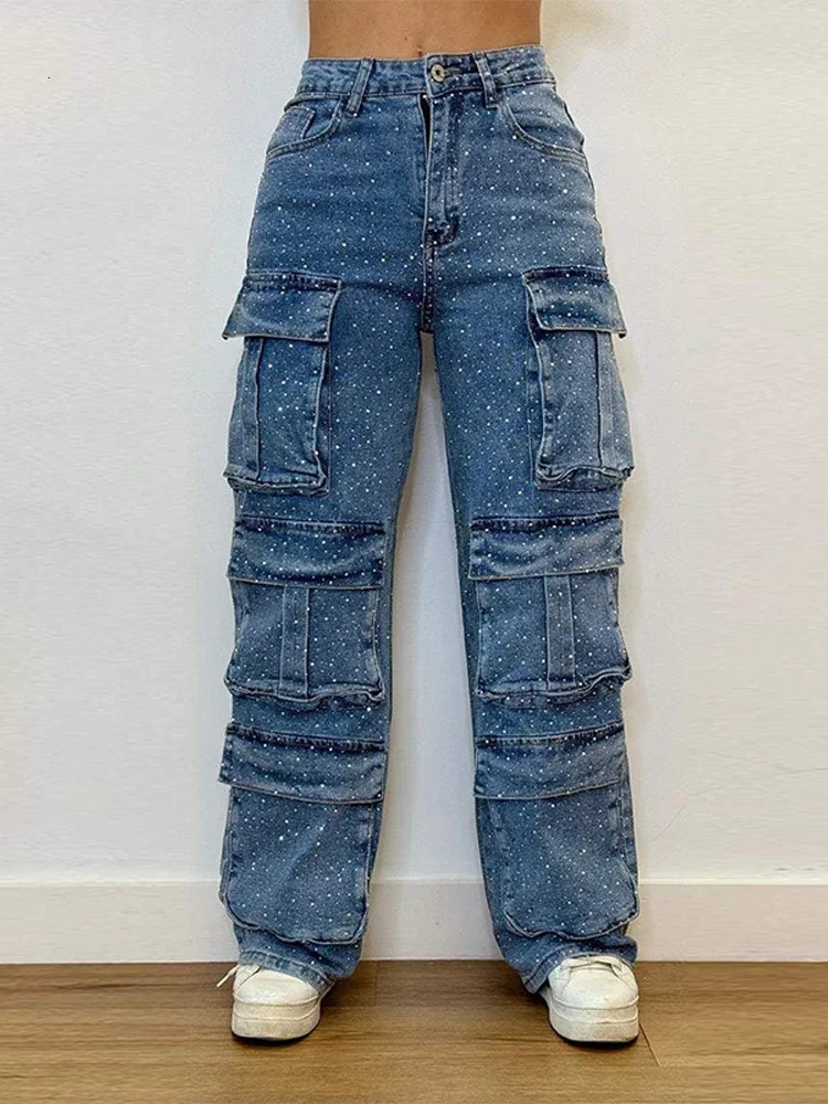 Womens High Waist Cargo Denim Jeans with Full Rhinestones Sparkling Casual Baggy Pants Streetwear Chic Daily Trousers 260423