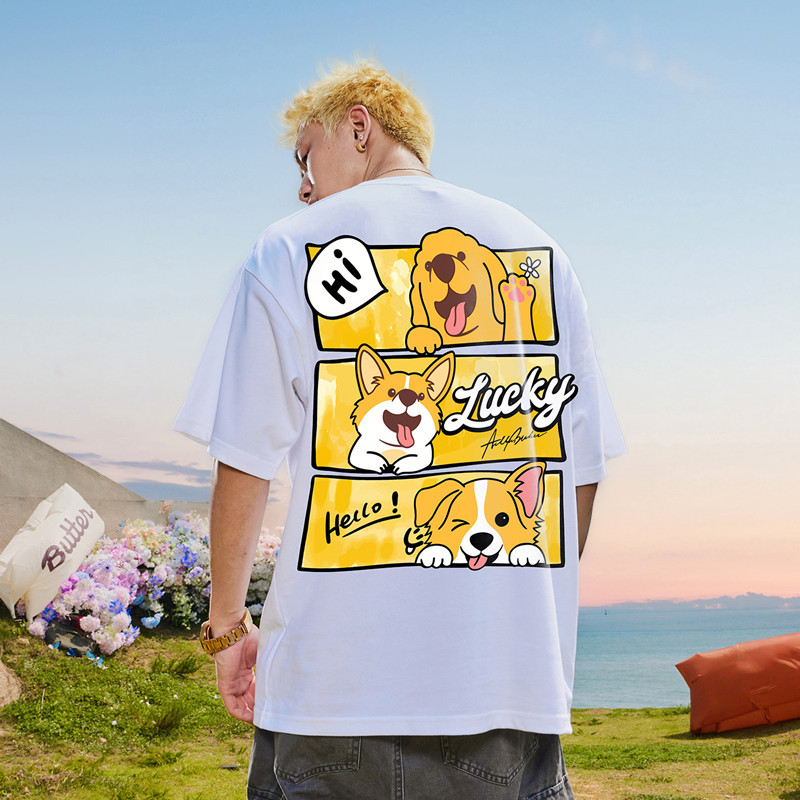 2026 New Men's Streetwear T-Shirt, Cute Dog Print, High Street Style, Loose Plus Size Casual Short Sleeve Tops for Men