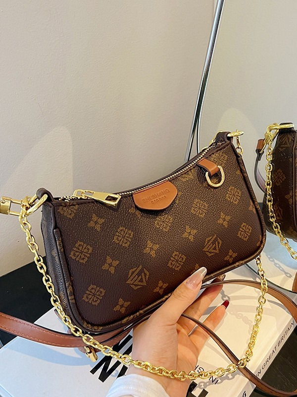 Womens Vintage Print Hobo Shoulder Bag Dual Detachable Strap Chain Crossbody Purse Classic Retro Pattern Underarm Bag For Daily Casual And Office Wear