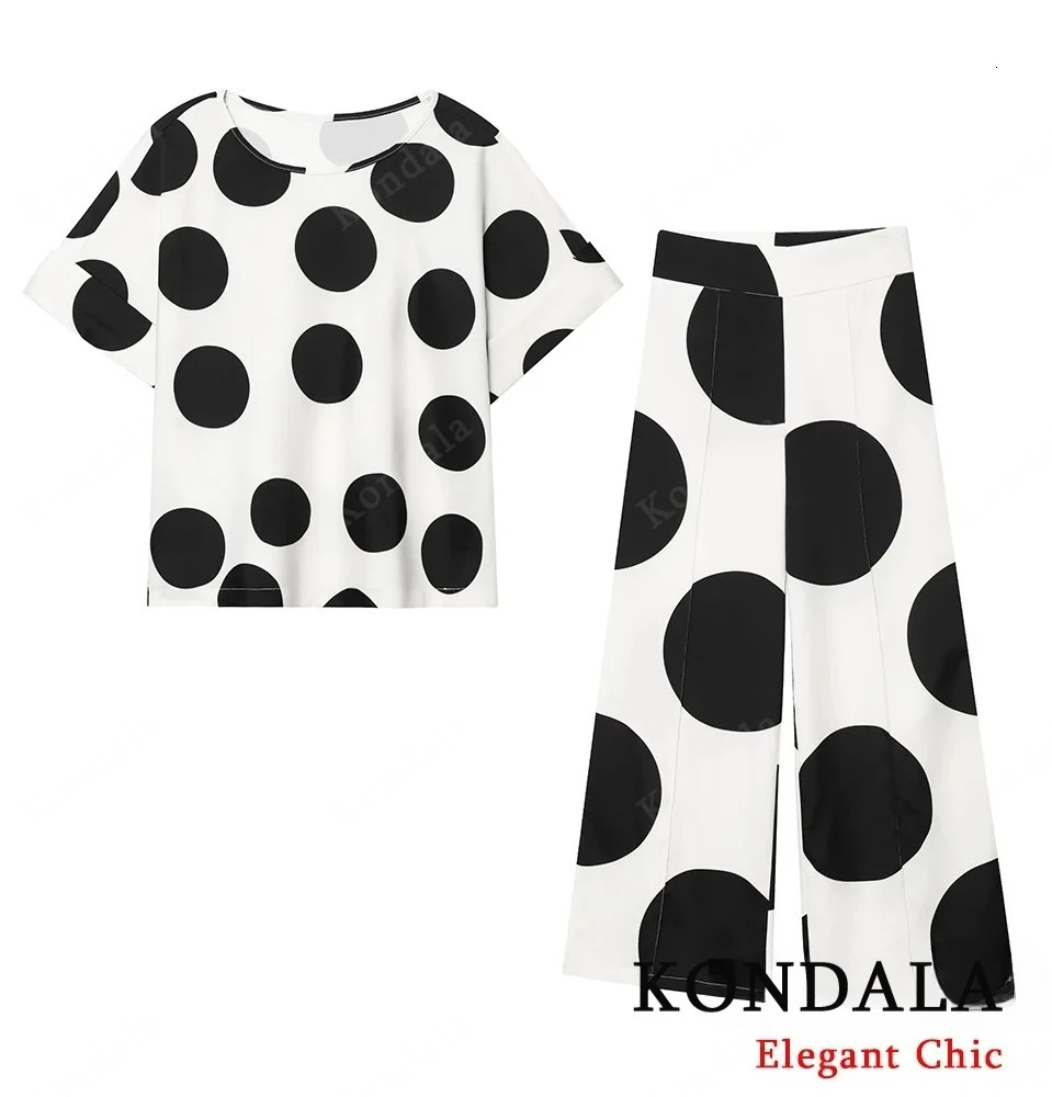 KONDALA Casual Polka Dot Pants Set Women Short Sleeve O-Neck Top Long Pants 2025 Fashion Spring Summer Holiday Leisure Mujer Set 260423