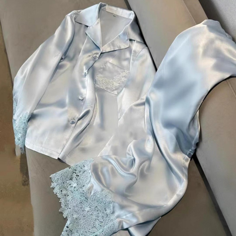 Luxury Brand Designer Spring Summer Women Satin Sleepwear Set Long Sleeve Lace Trimmed Pajama with Long Pants Sweet and Elegant Homewear for Girls