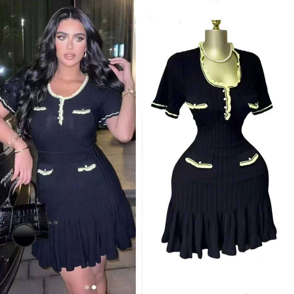 Luxury Black Ruffled Knitted Dress, Sexy Hip Wrapped Mini Dress, Elegant Summer New, Chic Streetwear Bodycon Party Dress for WomenV MAKOUFEI