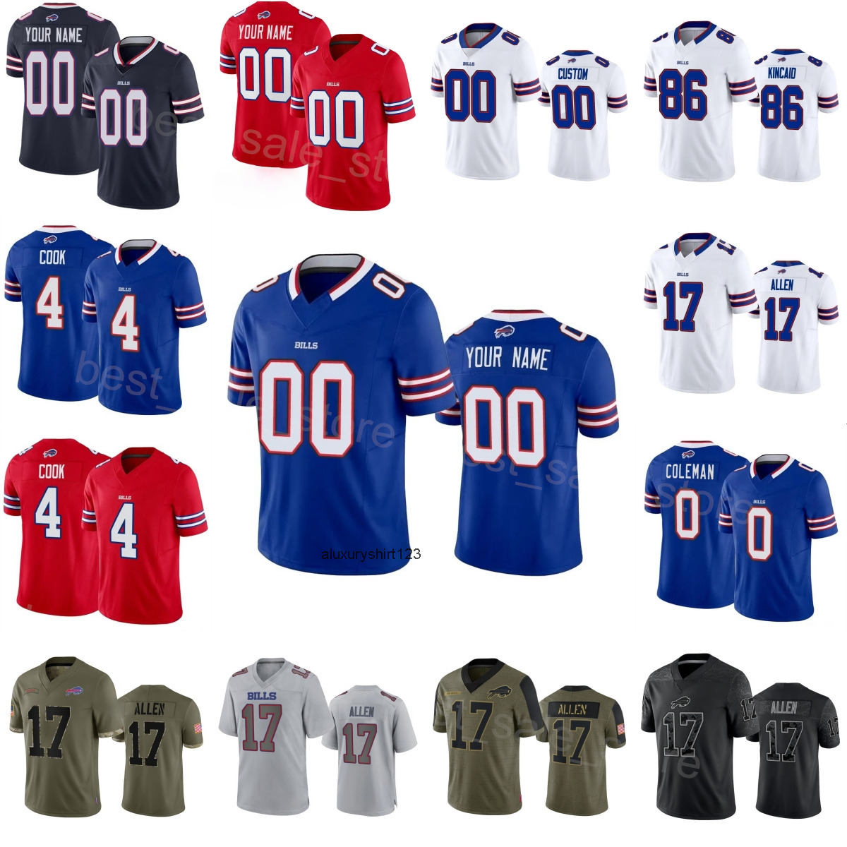Custom Buffalo Football Jersey 17 Josh Allen 4 James Cook 22 Ray Davis 10 Khalil Shakir 86 Dalton Kincaid 0 Keon Coleman 26 Ty Johnson Blue White Red 