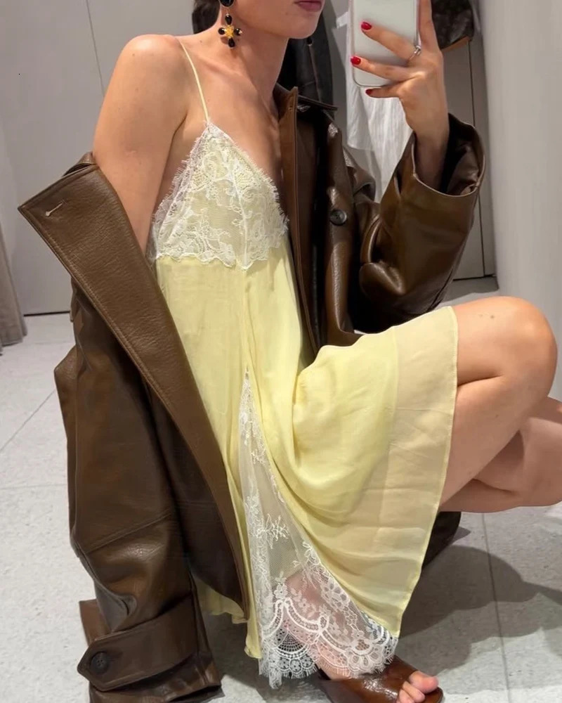 Womens Dress 2026 Fashion Spring Summer Yellow Lace Patchwork Short Dress for Women Sexy Chic Spaghetti Strap Dress 260424 - view 3