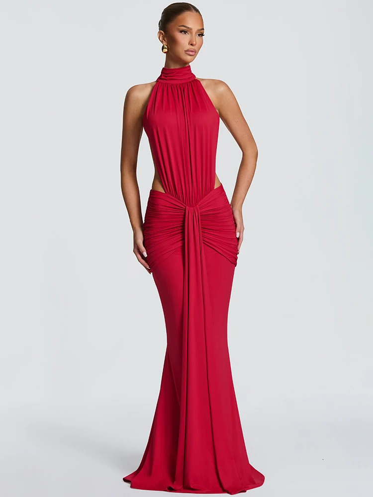 Mozision Turtleneck Backless Sexy Maxi Dress Women Gown Elegant Off-shoulder Sleeveless Ruched Bodycon Club Party Long Dress 260423