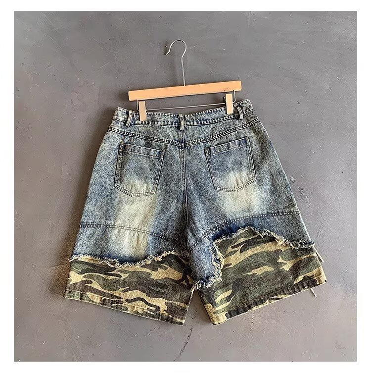 2026 New Men's Trendy Brand Slim Fit Camo Denim Shorts, Summer Casual Knee-Length 5-Inch Shorts