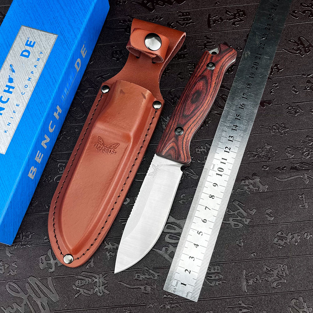BM 15002 Survival Hunting Knife 9Cr13Mov Steel Fixed Blade with Wooden Handle Outdoor Camping Tool and Sheath EDC Equipment