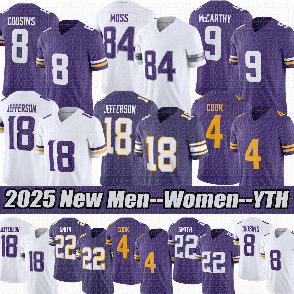 Minnesota city Vikingss Football Jersey #18 Jefferson #9 McCarthy #87 Hockenson #22 Smith #3 Addison #84 Moss Football Jerseys