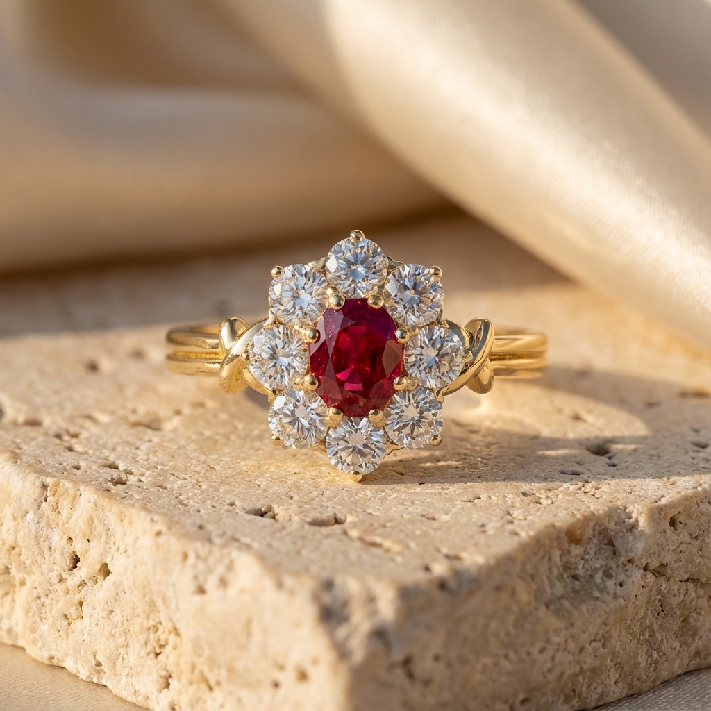 Choucong 14K Gold Fill Ruby Open Ring Vintage Floral Halo Oval Red Gemstone Ring with CZ Wedding Promise Jewelry for Women Daily Wear Adjustable Size
