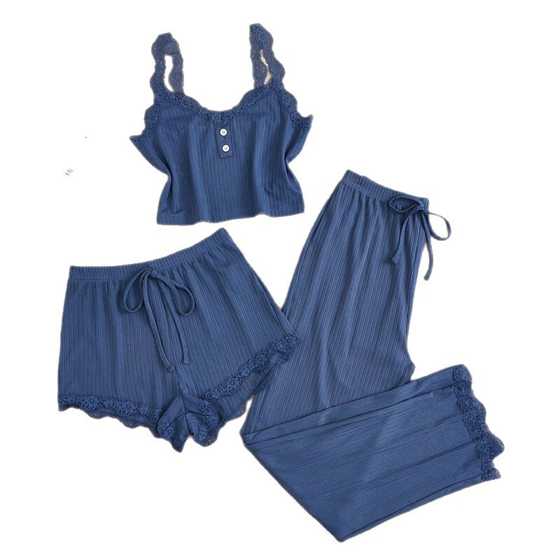 Luxury Brand Designer Womens Lace Trim Ribbed 3-Piece Pajama Set Cami Top Shorts Pants Casual Loungewear Daily Wear Chic Stylish Modern Trendy Fashion