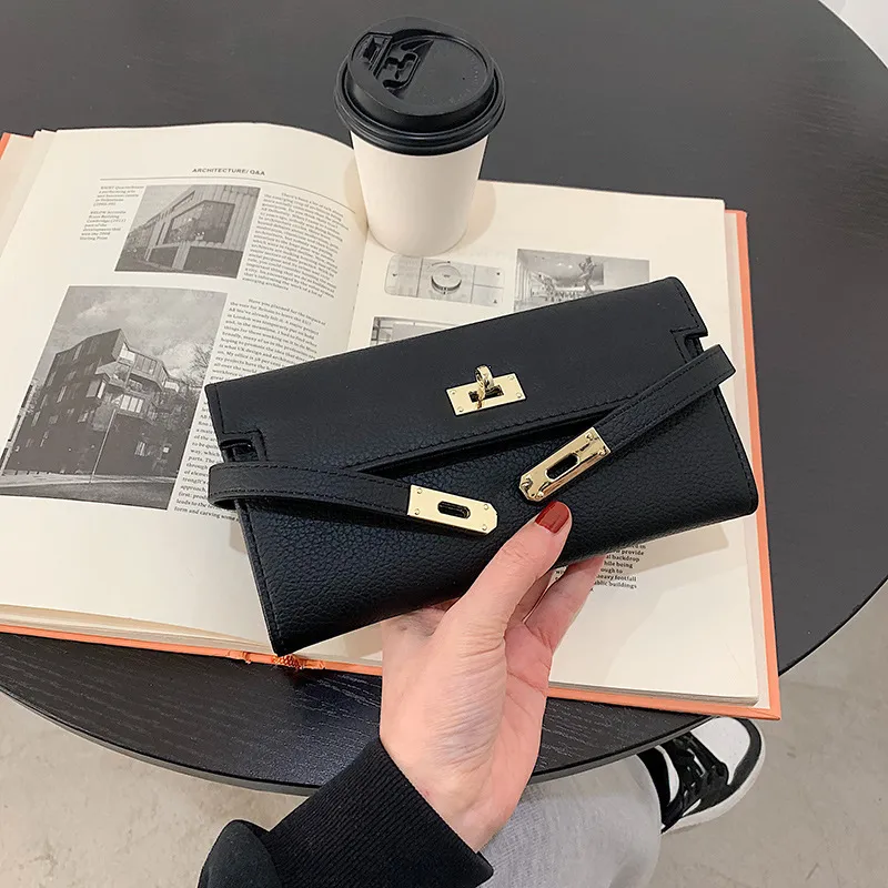 Women's Fashionable Long Wallet Crossbody Bag Grained Leather with Gold Hardware Versatile Clutch that Holds a Phone and Cards