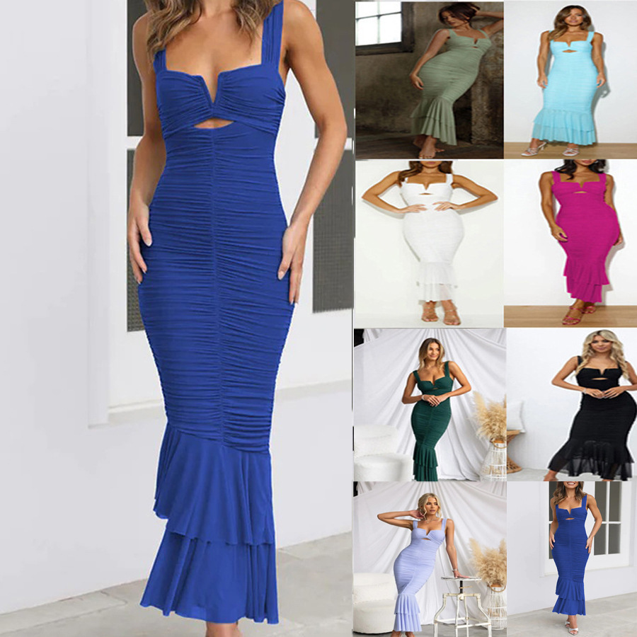 Sexy V-Neck Backless Shirring Mermaid Straps Long Dress Women Strappy Slim Wrap Dress Blue Green Party Night Clubwear 240920