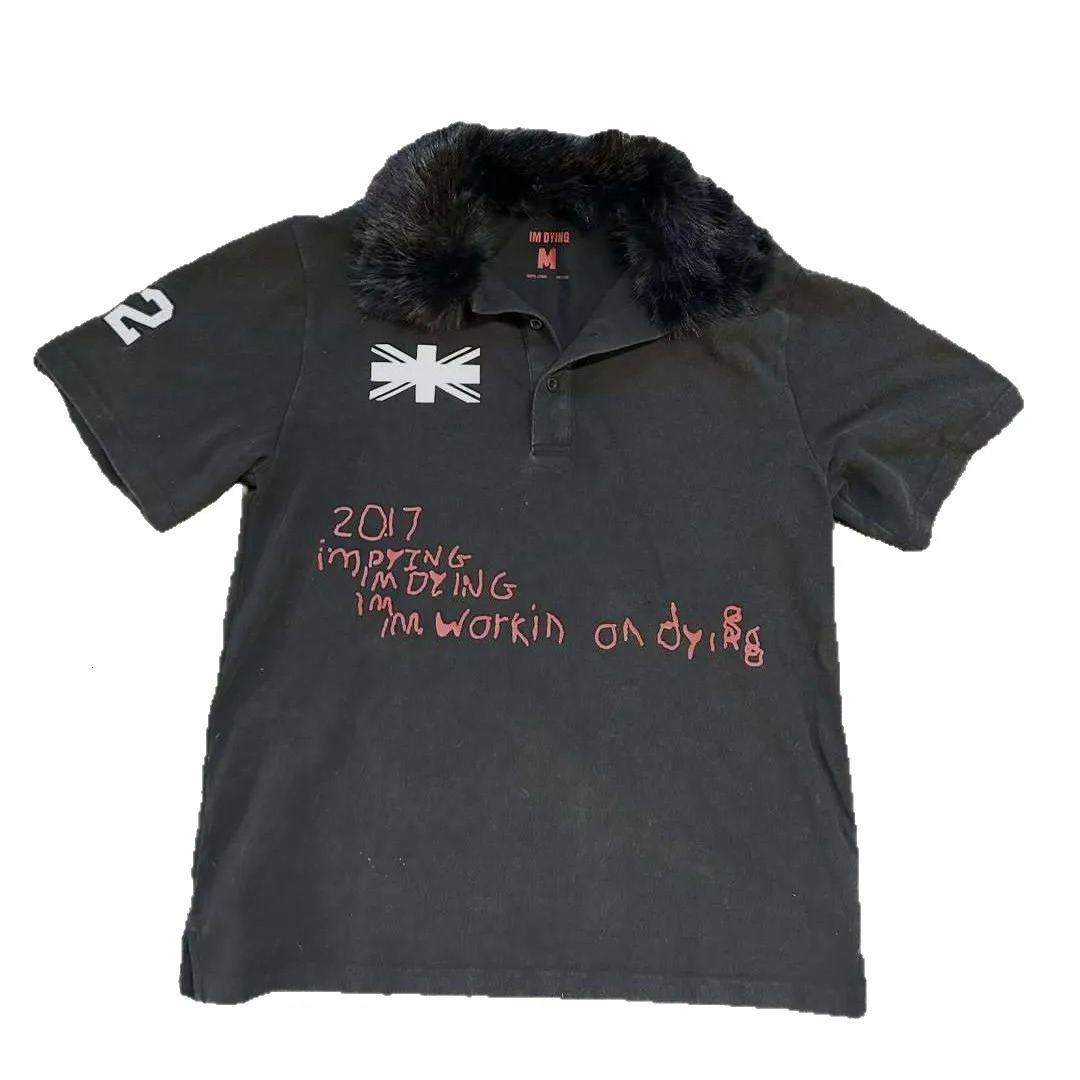 Vintage Washed Splicing with Fur Collar n Black Minimalism Cool Polo Shirts Comfortable Versatile Basic Daily Short-Sleeves 260423