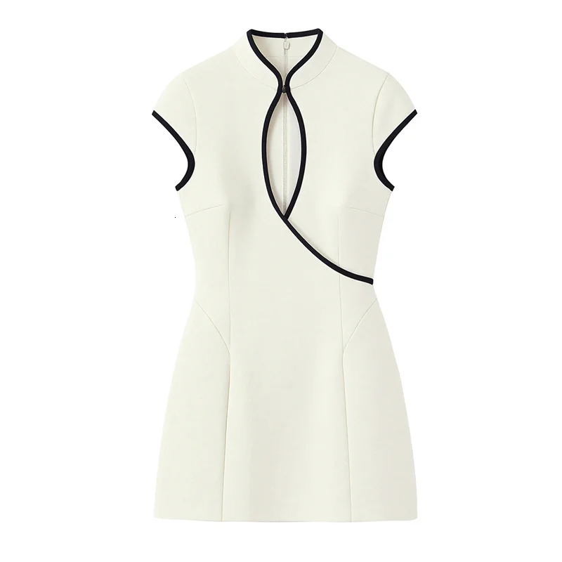 Womens Dress 2026 Summer Style White Sleeveless Hollowout Decor Qipaostyle Mini Elegant and Fashionable 260423